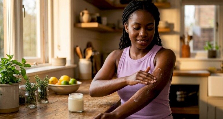 Woman applying natural emollient cream to skin