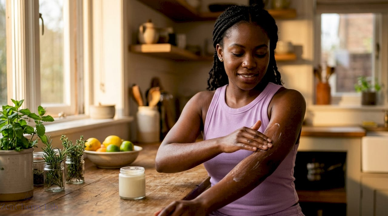 Woman applying natural emollient cream to skin