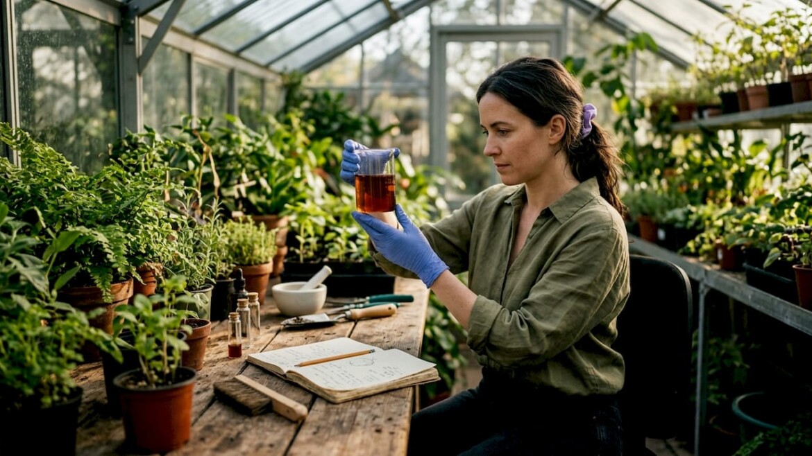 Botanist analyzing botanical extract in lab
