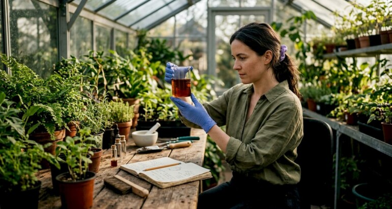 Botanist analyzing botanical extract in lab