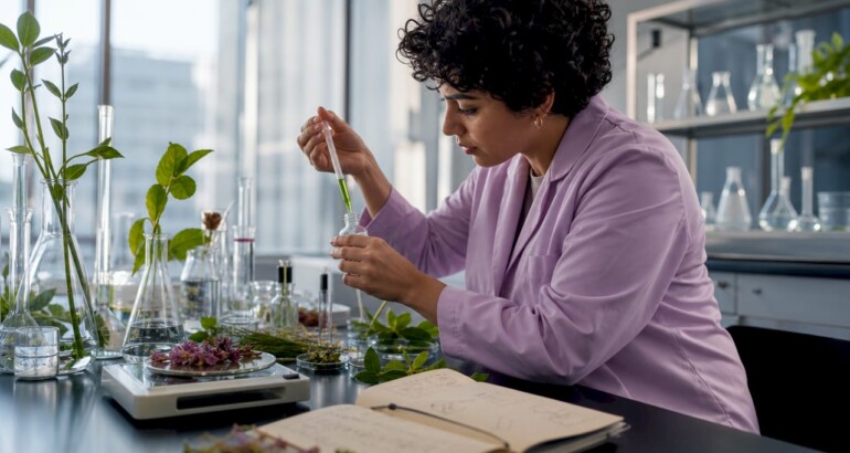 Scientist handling plant extracts in lab