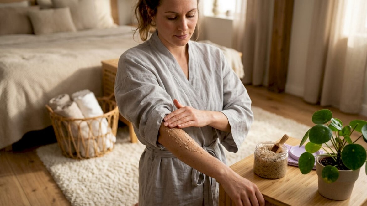 Woman applying body scrub in bathroom