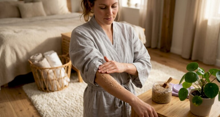 Woman applying body scrub in bathroom