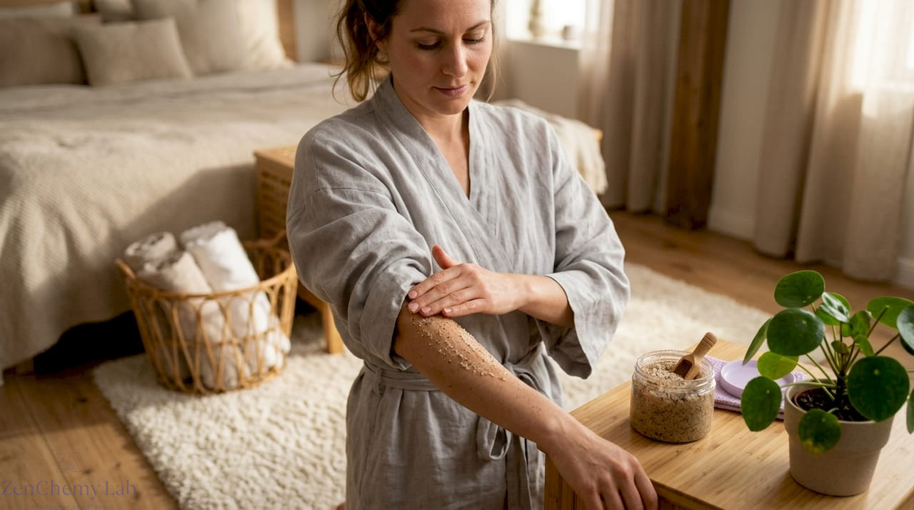 Woman applying body scrub in bathroom