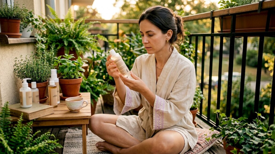 Woman inspecting paraben-free skincare products in bathroom