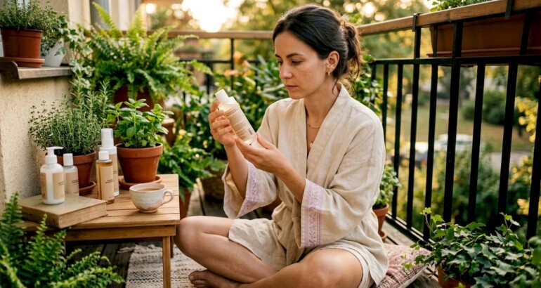 Woman inspecting paraben-free skincare products in bathroom