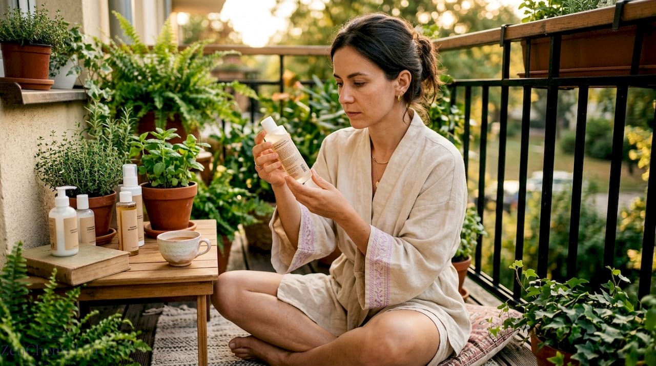 Woman inspecting paraben-free skincare products in bathroom