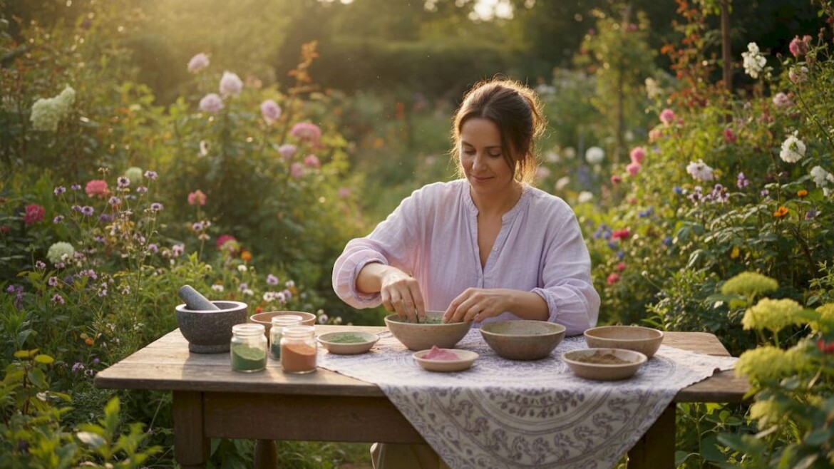 Woman preparing mineral clays for soapmaking