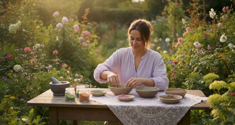 Woman preparing mineral clays for soapmaking