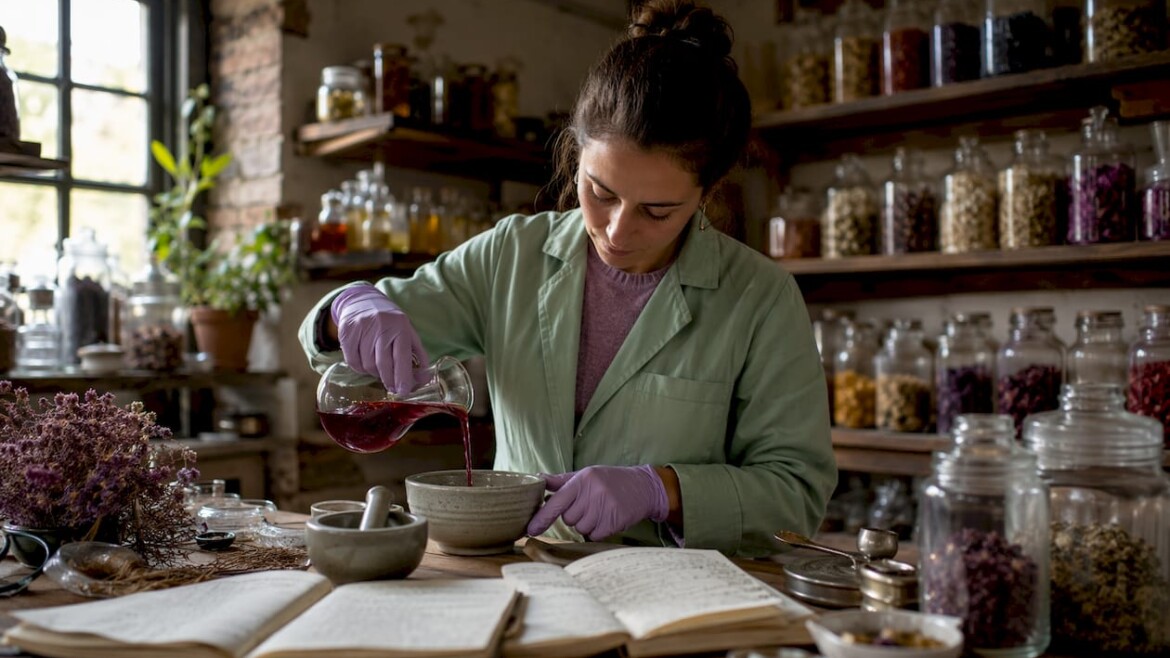 Chemist mixing natural plant dyes in a botanical lab
