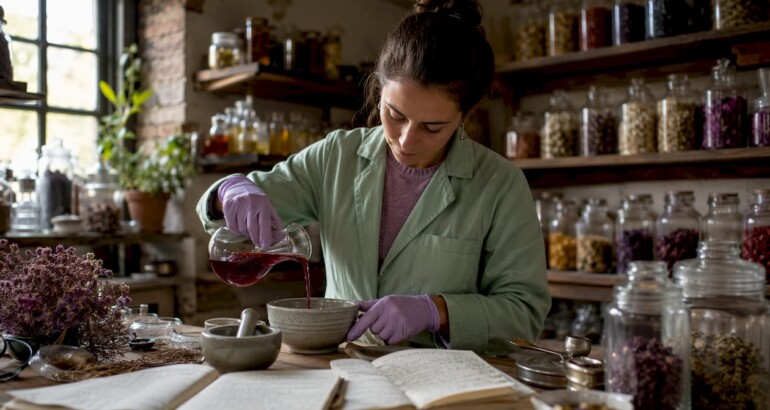 Chemist mixing natural plant dyes in a botanical lab