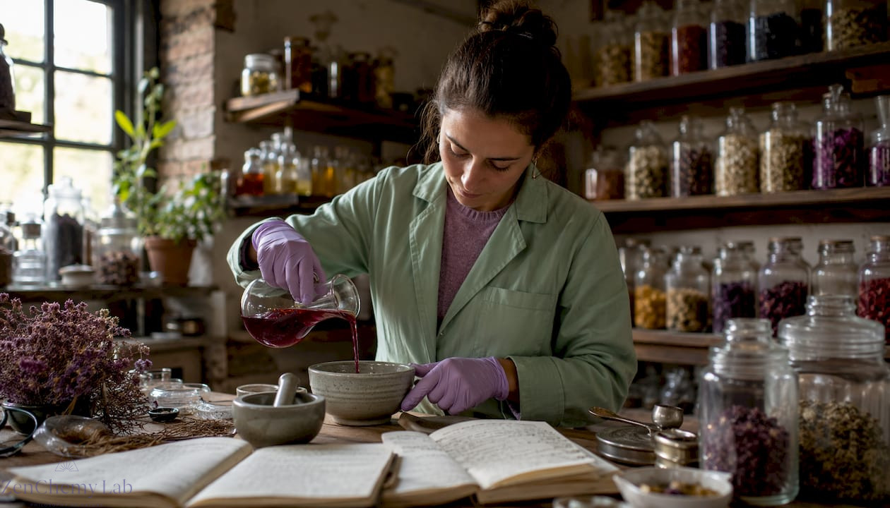 Chemist mixing natural plant dyes in a botanical lab