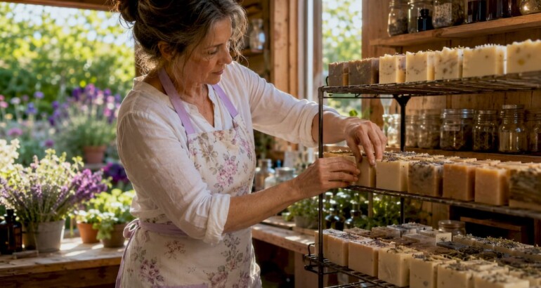 Artisan arranging soap bars on curing racks