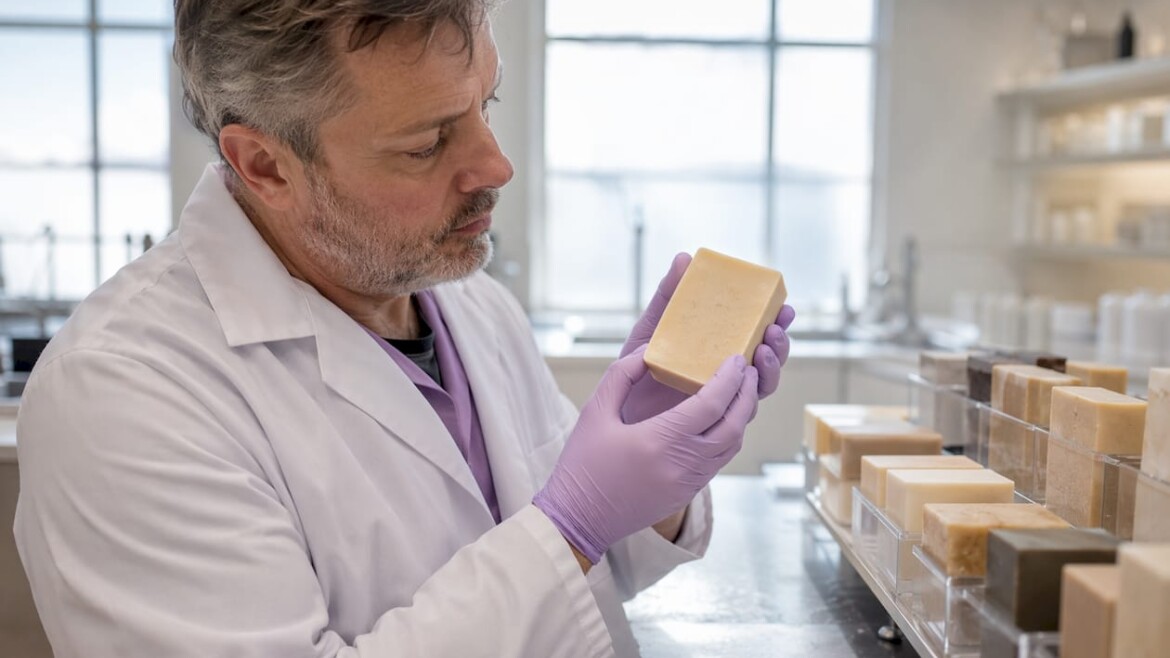 Technician inspecting triple milled soap slab in factory
