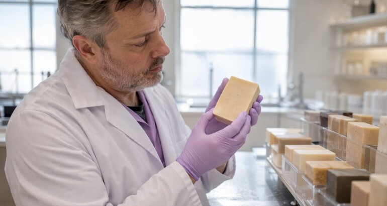 Technician inspecting triple milled soap slab in factory