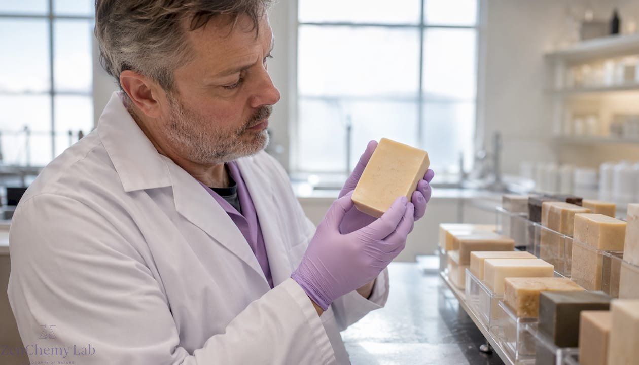 Technician inspecting triple milled soap slab in factory