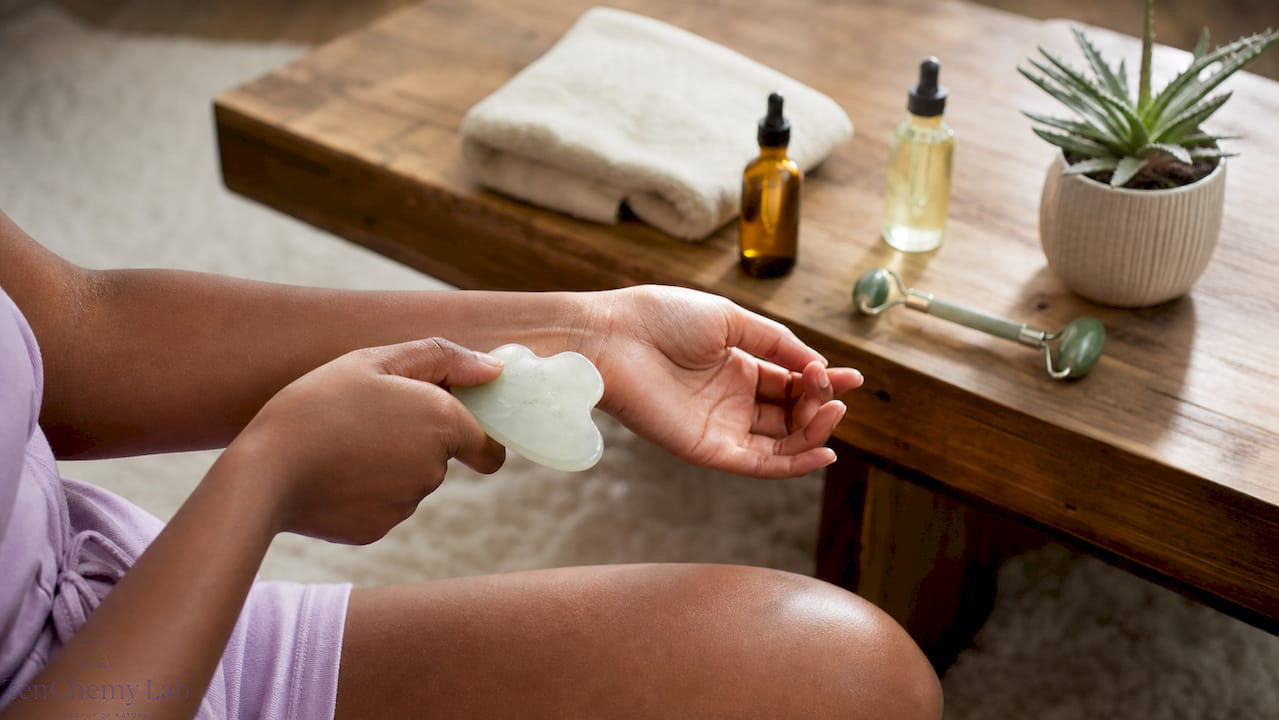 Hands holding gua sha stone over forearm in bathroom