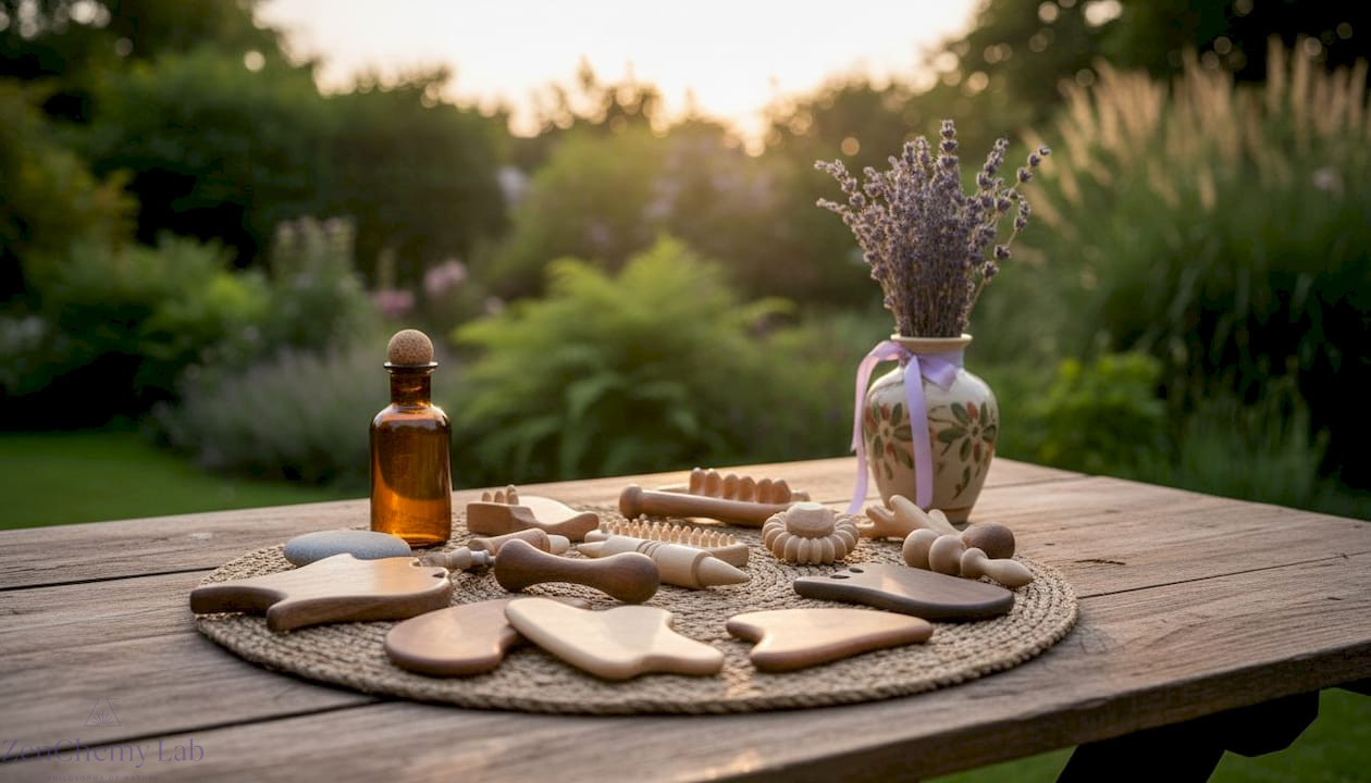Wooden massage tools on rustic table in home spa