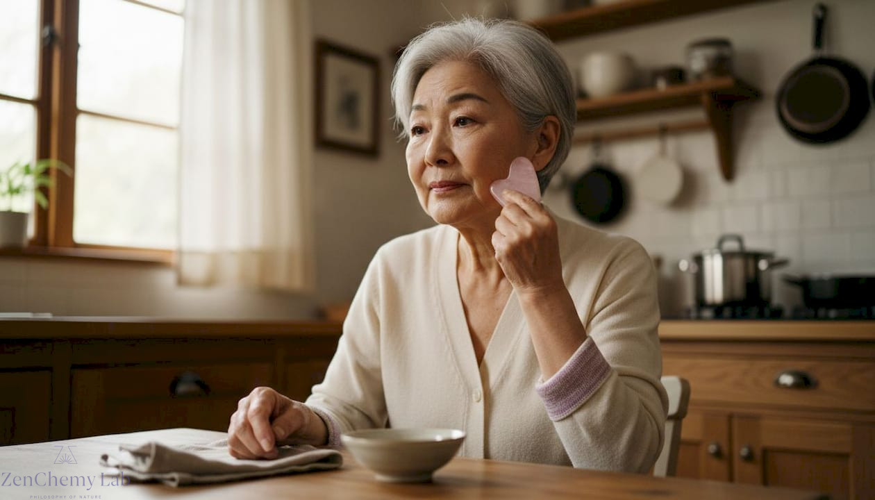 Senior woman using rose quartz gua sha stone on face
