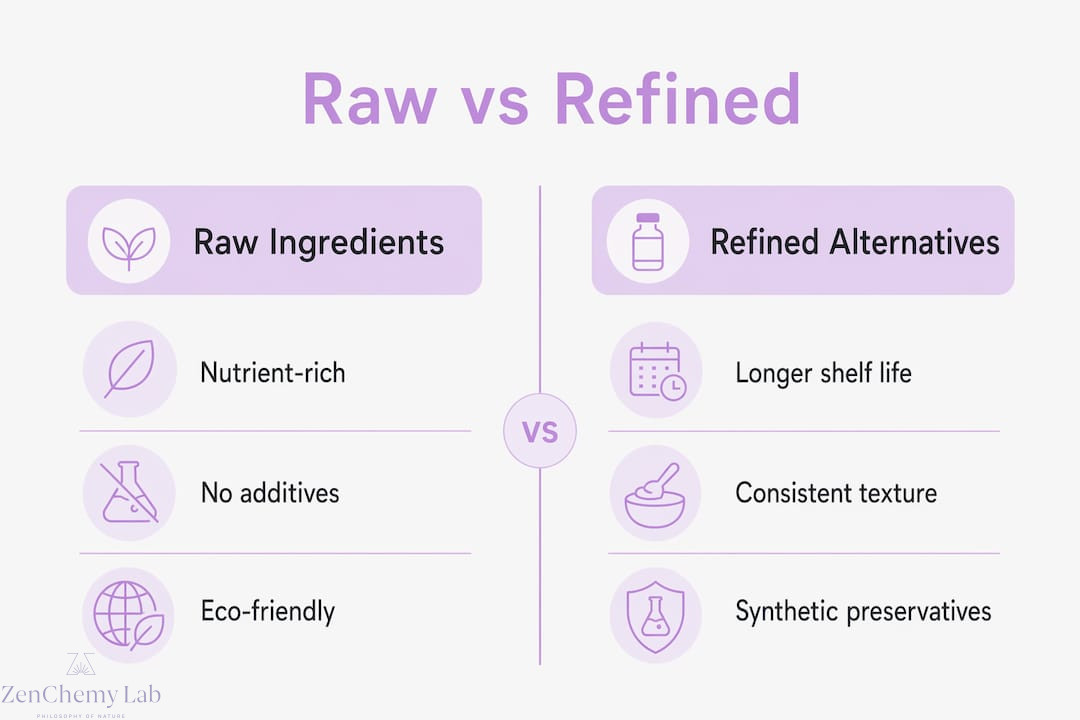 Infographic comparing benefits of raw and refined skincare ingredients