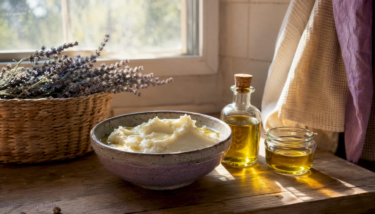 Close-up of raw shea butter and oils texture in bathroom