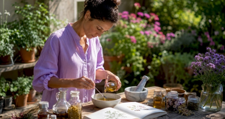 Woman mixing raw ingredients for skincare in kitchen workshop