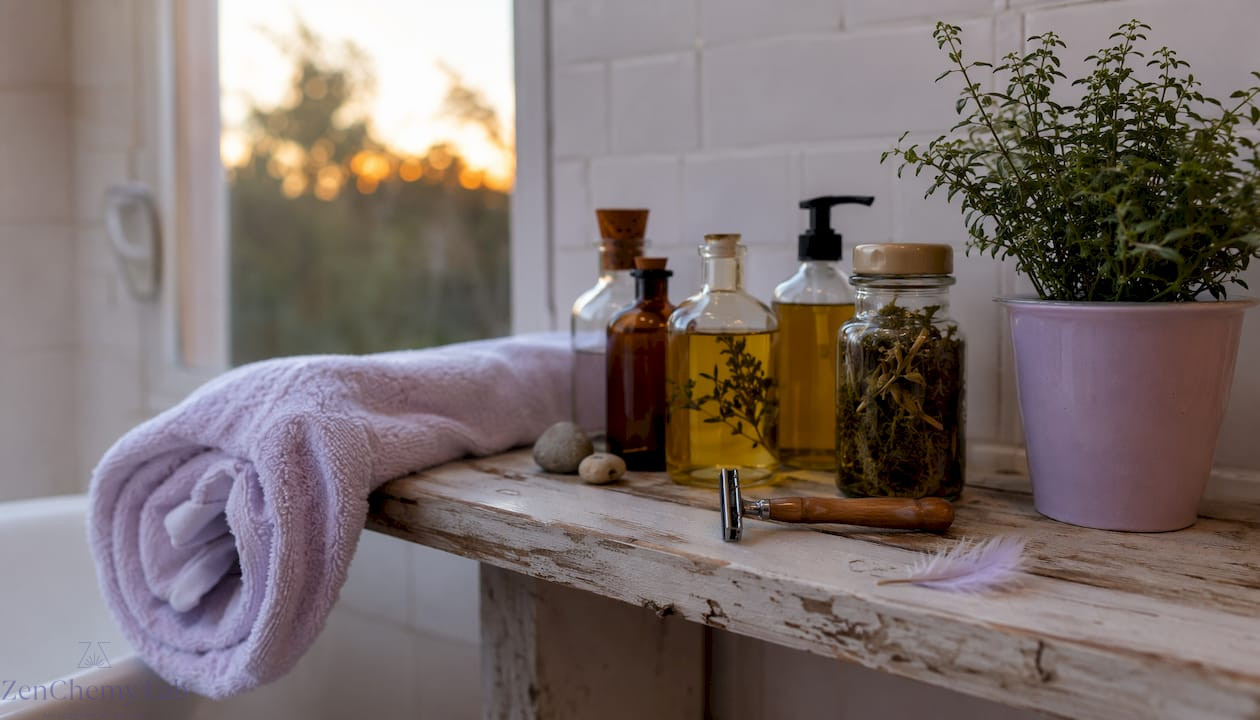 Minimal sustainable self-care products on bathroom shelf