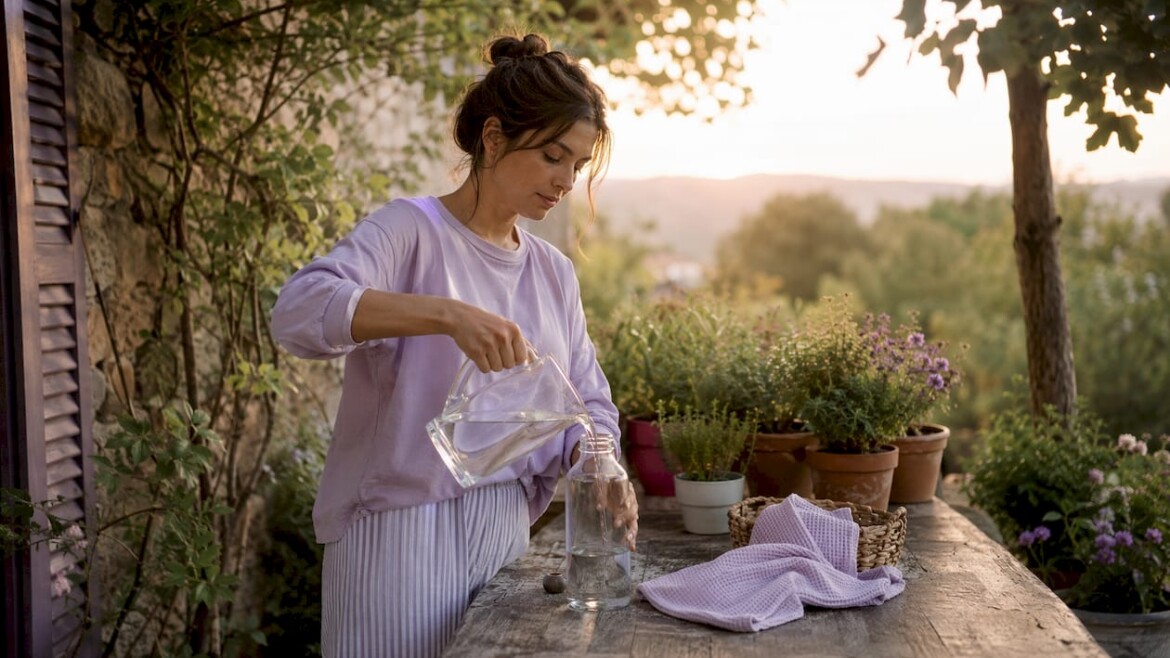 Woman prepping sustainable self-care routine at home