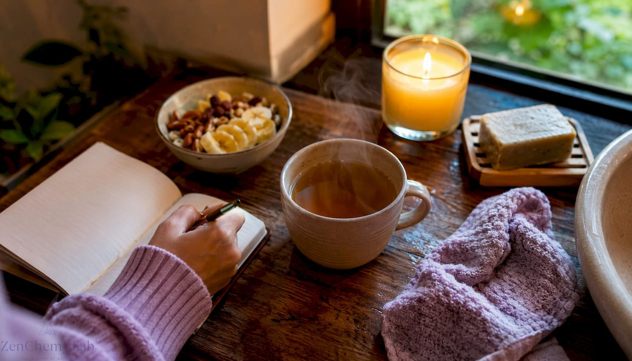 Physical self-care essentials on bathroom counter