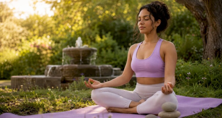 Woman meditating during holistic self-care