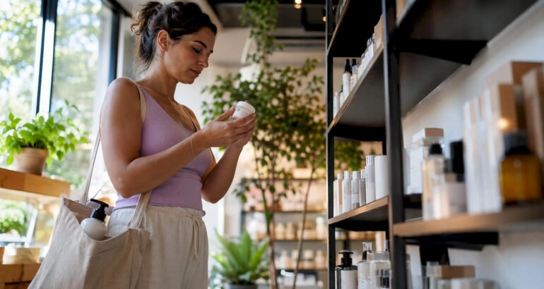 Woman reading skincare ingredient labels in pharmacy aisle