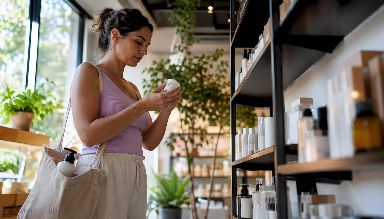 Woman reading skincare ingredient labels in pharmacy aisle