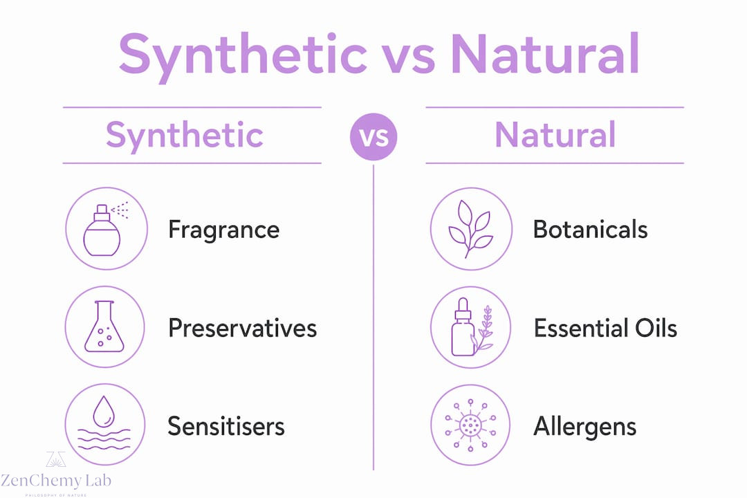 Infographic comparing synthetic and natural skincare ingredient risks