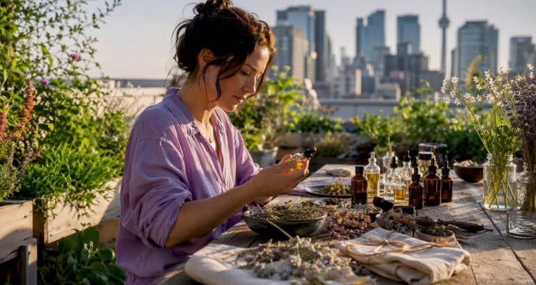 Artisan examining natural skincare ingredients at home