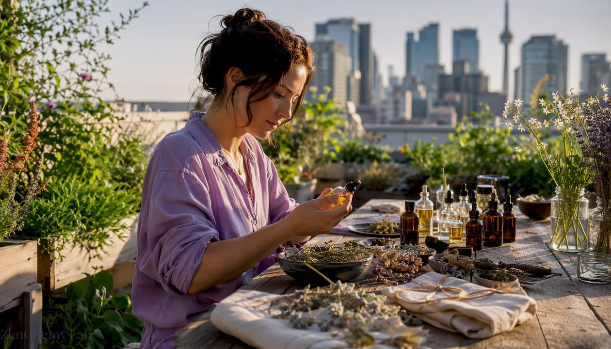 Artisan examining natural skincare ingredients at home