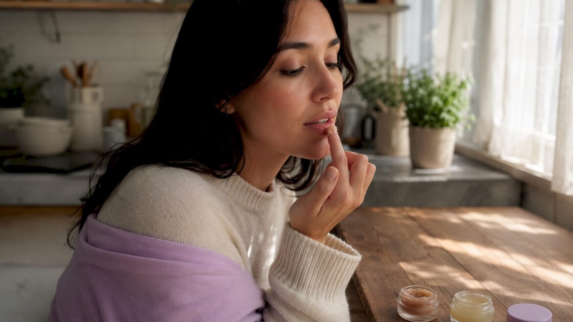 Woman applying lip scrub at vanity table