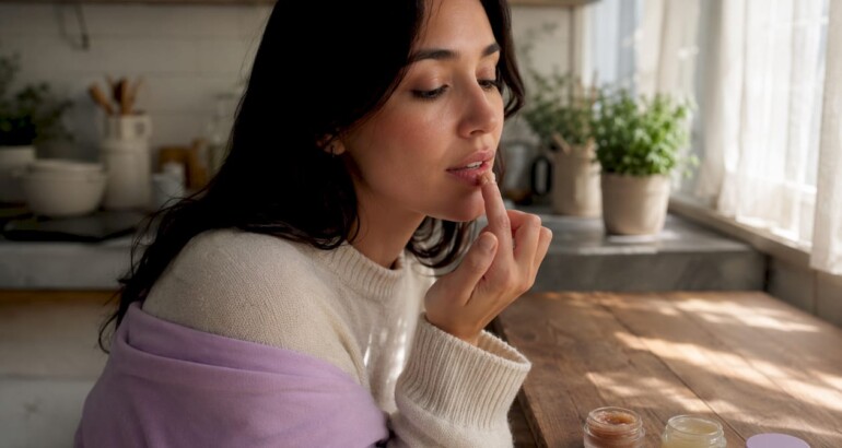 Woman applying lip scrub at vanity table