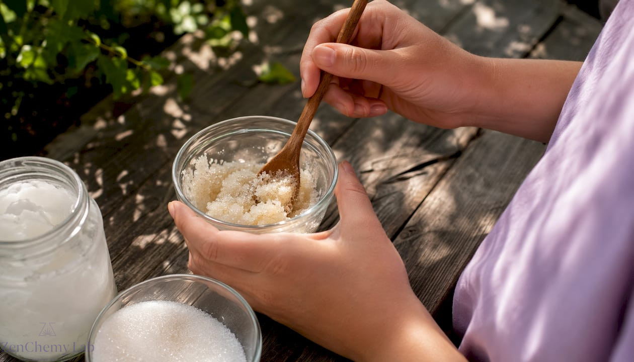 Hands mixing DIY sugar lip scrub in bowl
