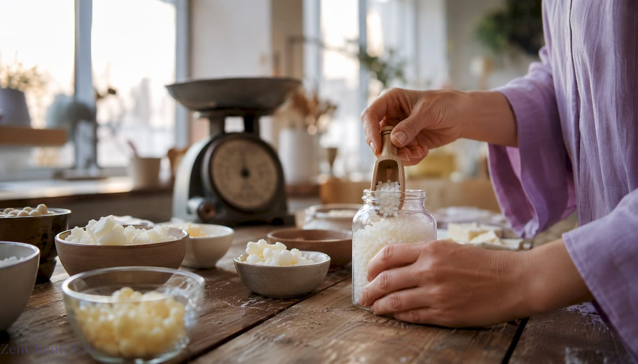 Hands scooping beeswax in artisan workshop