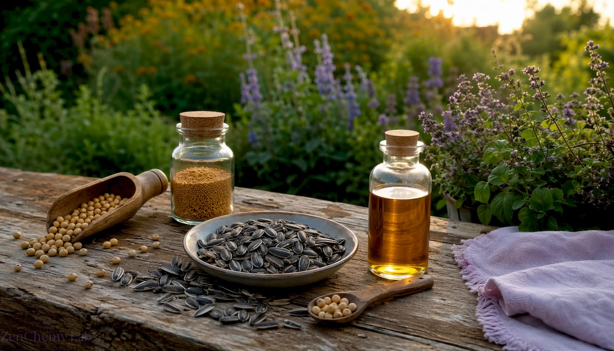 Sunflower seeds and soy lecithin granules close-up