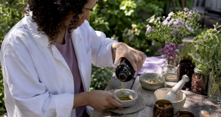 Artisan pouring unrefined oil in skincare workshop