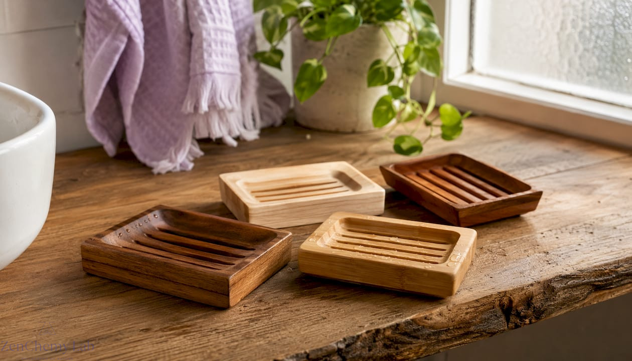 Close-up assorted wooden soap dishes on bathroom shelf