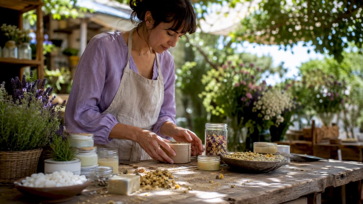 Female artisan arranging natural skincare products