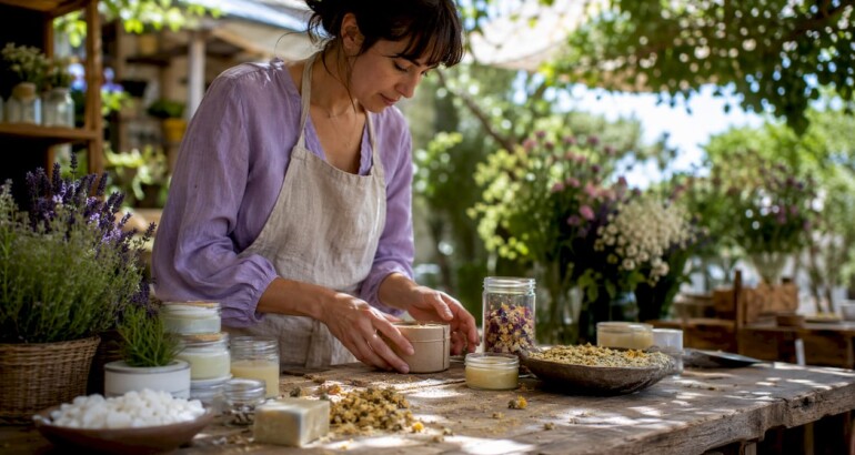 Female artisan arranging natural skincare products