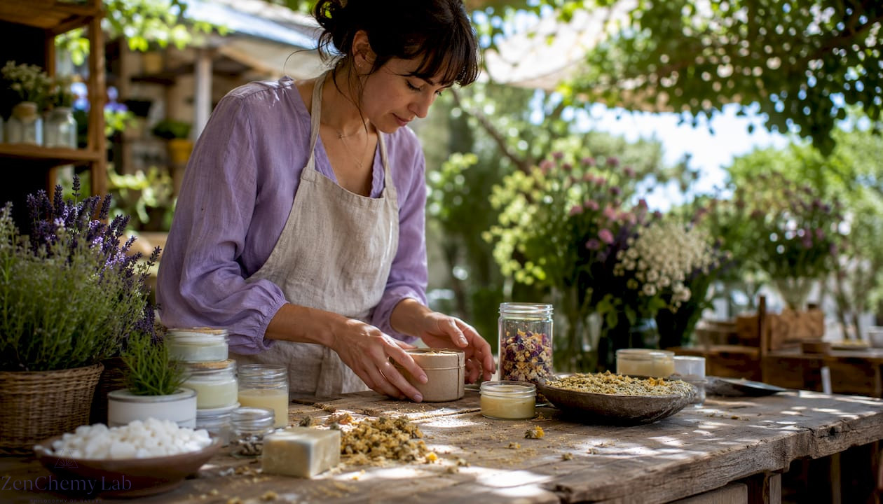 Female artisan arranging natural skincare products