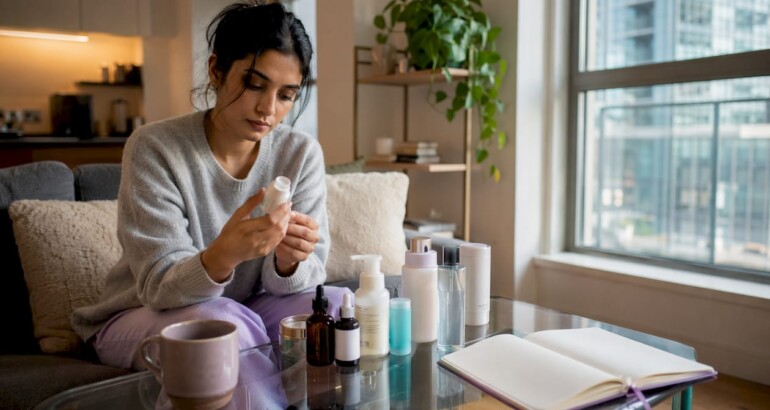 Woman comparing skincare products at home
