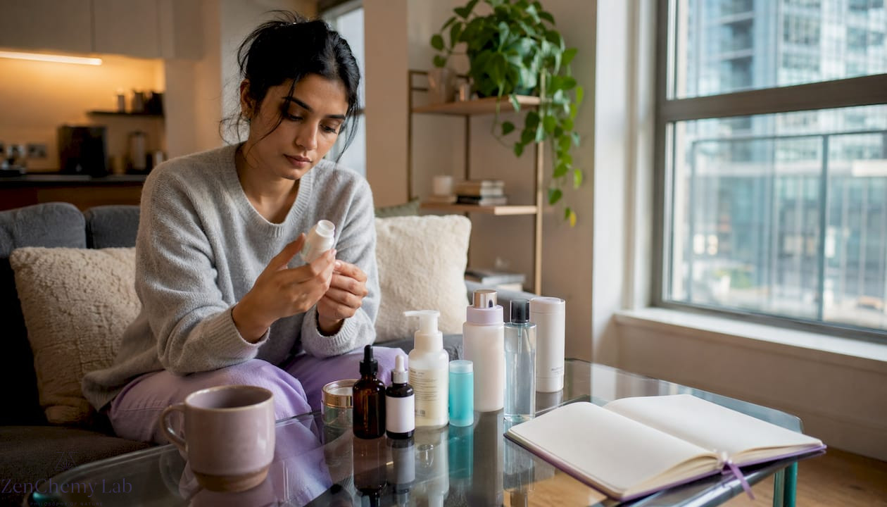 Woman comparing skincare products at home