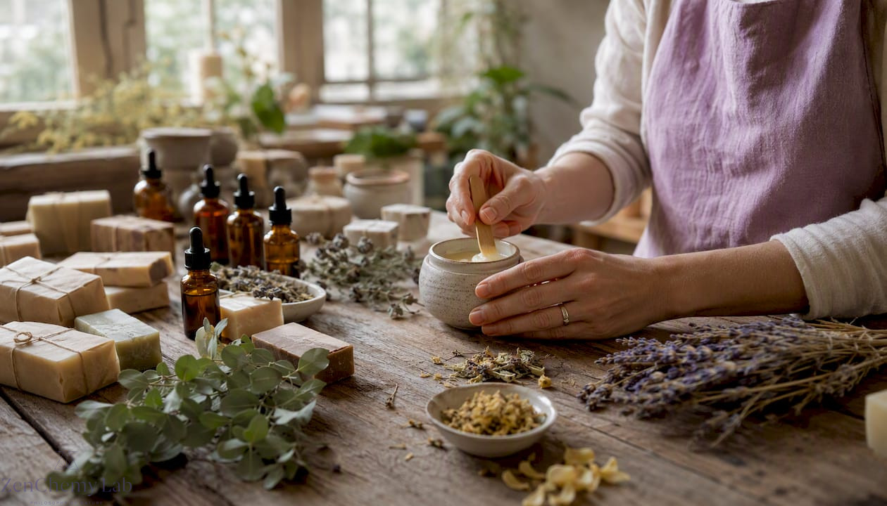 Handcrafted skincare products with botanicals