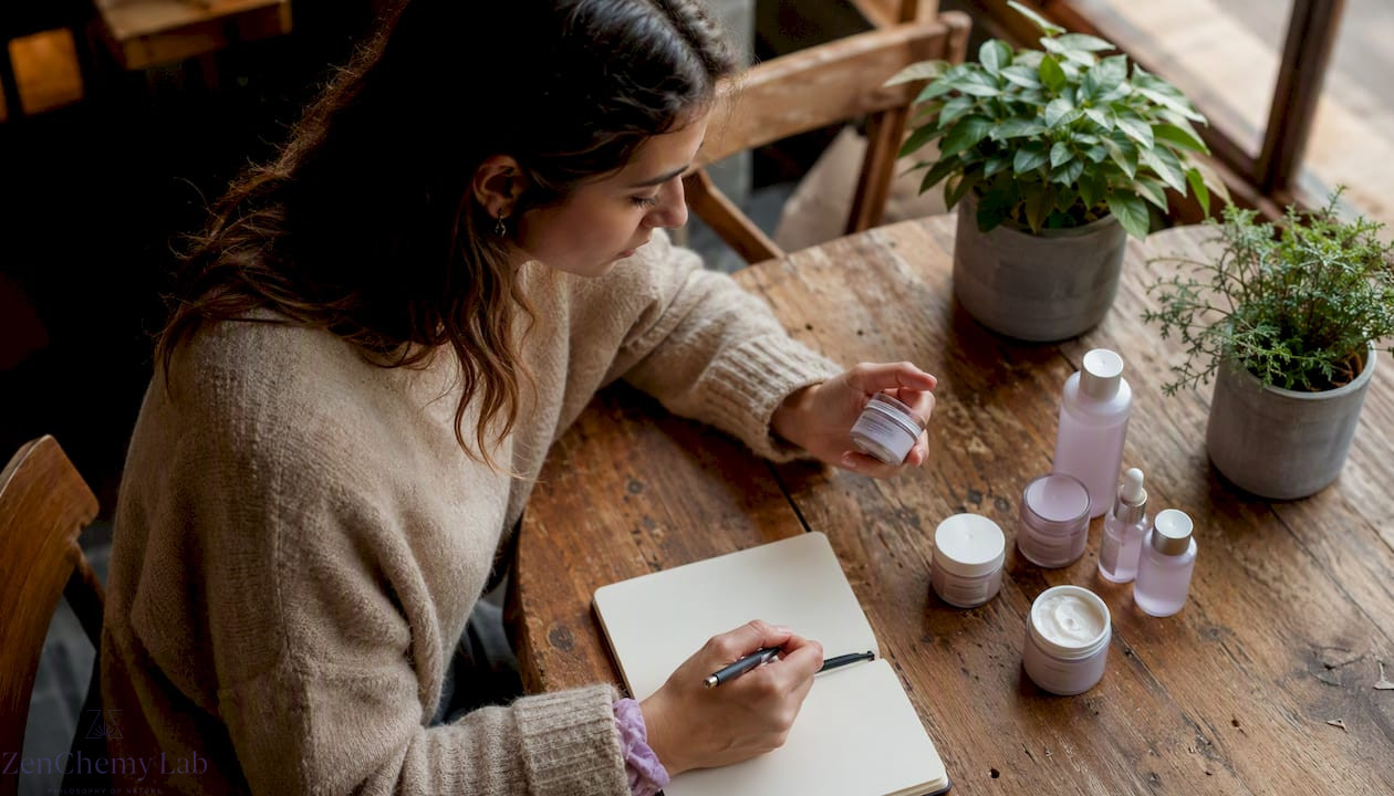 Woman reviewing natural skincare products indoors