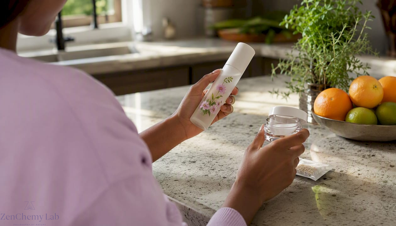 Hands comparing skincare product bottles